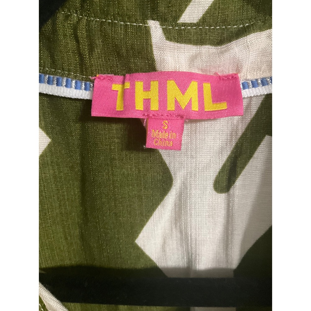 THML Olive Green White Geometric Abstract Print Button Down Shirt Dress S - Picture 3 of 4
